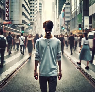 Person walking through a blurred, busy city street, standing out from the chaotic crowd with a focused and grounded presence.