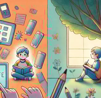 A child surrounded by digital screens looks overwhelmed; a peaceful shadow version journals outdoors.