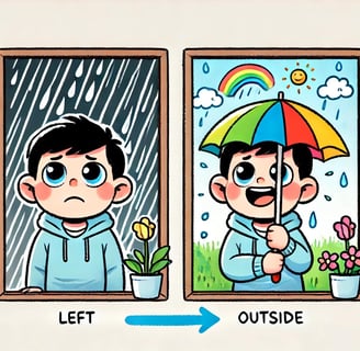 A child first frowns at the rain, then chooses to smile while holding an umbrella in the same setting.