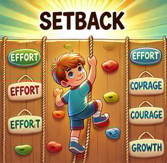 Child climbing a wall labeled 'Setback' with stepping stones named Effort, Courage, and Growth.
