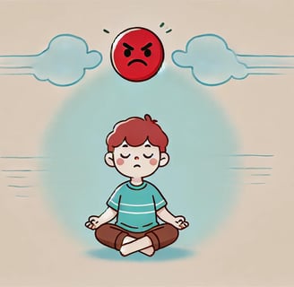 Child sits breathing calmly as a red angry emoji above fades into a peaceful blue face.