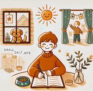 Child writes in a gratitude journal, smiling, surrounded by simple joys like a pet, food, and sunshine.