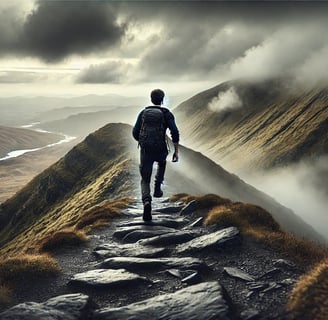 Man hiking a steep mountain trail in rugged terrain, symbolizing resilience, perseverance, and mental toughness