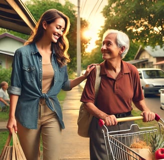 Person helping an elderly neighbor carry groceries in a quiet neighborhood, showing simple daily actions aligned with values.