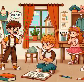 Kids role-play emotions and responses, one drawing in a journal, another acting calmly in a playful learning space.