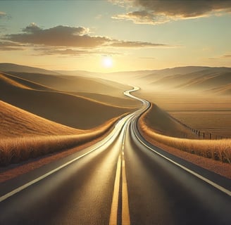 Road stretching into the horizon at golden hour, surrounded by hills, symbolizing personal growth and long-term purpose. 