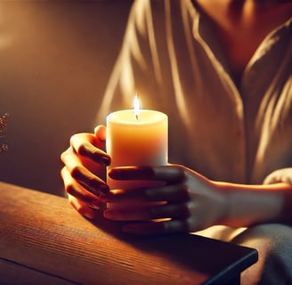 Person lighting candle in a room, face softly illuminated by the glow, symbolizing personal awakening and reflective clarity.