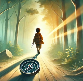 Silhouette of a child walking down a forest path with a compass, sunlight guiding their way forward.