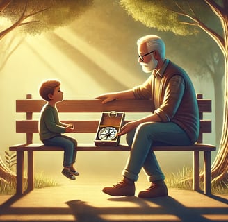 Parent and child talk on a park bench as sunlight filters through trees; child holds a wooden compass symbolizing guidance.