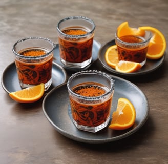 Caballito de Mezcal en un un plato de talavera con rodajas de naranja espolvoreadas con chile