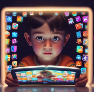 Niño con ojos grandes mirando una tableta iluminada, rodeado de iconos coloridos en un ambien