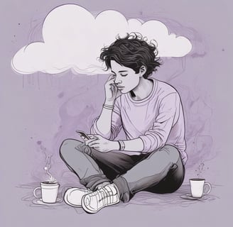 Ilustración de joven mirando el teléfono móvil con tono desinteresado y aburrido