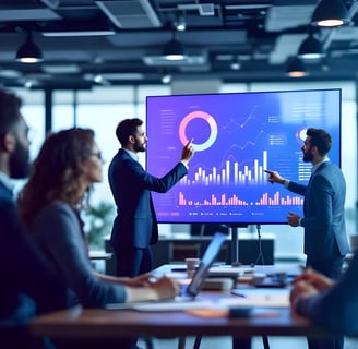 Profesionales colaborando en una presentación de datos en pantalla digital en un entorno corporativo