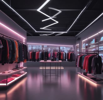 A modern retail store featuring sleek wooden furnishings and curved wooden ceiling designs. Several laptops and electronic devices are displayed on minimalist wooden tables. The store has large glass windows allowing natural light to illuminate the interior. Customers are seen browsing the products.