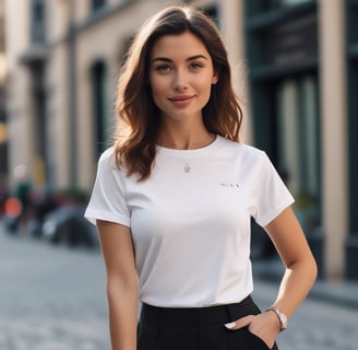 A hand holding a smartphone displaying an online shopping webpage. The screen shows a listing for a unisex sweatshirt with multiple images of a person modeling the garment. The background is a blurred scene of trees and green grass, suggesting an outdoor setting.