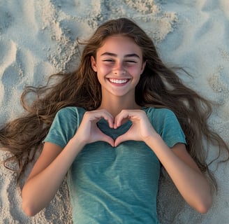 Adolescente recostada sobre arena haciendo un corazon con sus manos 