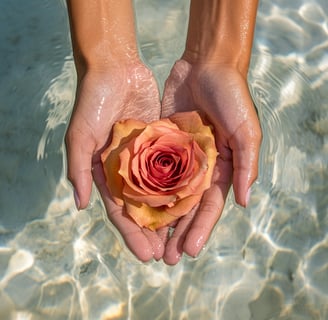 Dos manos sosteniendo una rosa naranja sobre agua de mar y arena blanca 