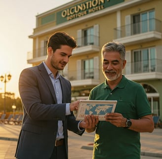 Consultor y dueño de hotel revisando métricas en tablet frente a hotel boutique mediterráneo al atardecer.