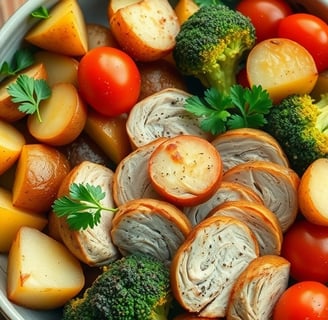 a bowl of vegetables and potatoes on a wooden table