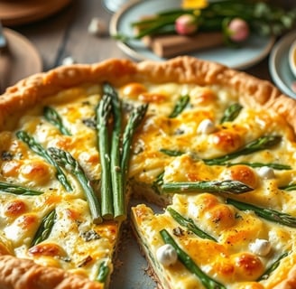 a pie with a slice of asparagust cheese and asparagust