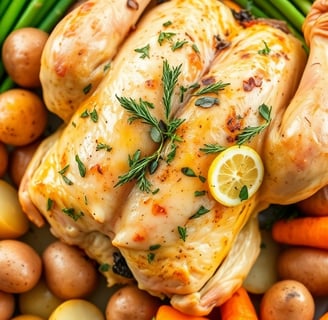 a chicken breasty roasting in a pan with potatoes and vegetables