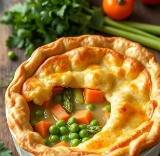 a pie with peas and vegetables in a bowl