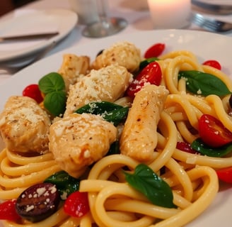 a plate of pasta with chicken and vegetables