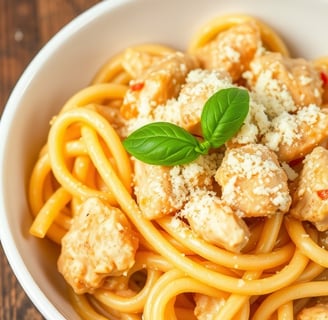 a bowl of pasta with chicken and cheese