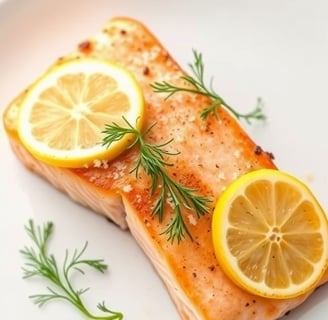 a salmon steak with lemons and lemonade on a plate