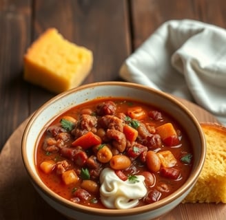a bowl of soup with a spoon and bread on a wooden board