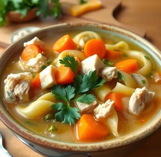 a bowl of soup with chicken and noodles