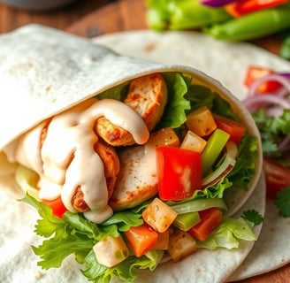 a wrapper with chicken and vegetables on a wooden board