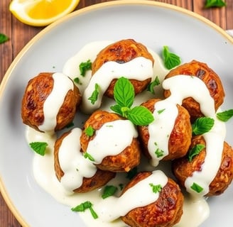 a plate of meatballs with sauce and sauce