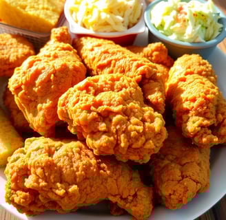 a plate of fried chicken nuggies with coleslaw and coleslaw
