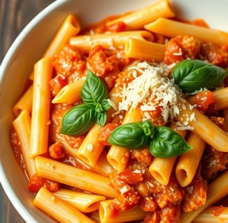 a bowl of pasta with a glass of wine