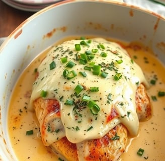 a dish of chicken entree with cheese sauce