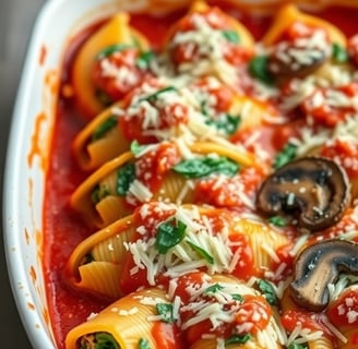 a dish of pasta shells with mushrooms and mushrooms