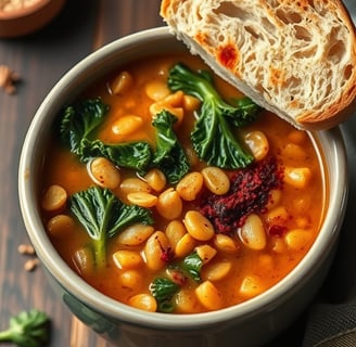 a bowl of soup with a breaded bread roll on top