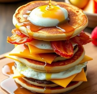 a stack of pancakes with eggs and bacon on a wooden board