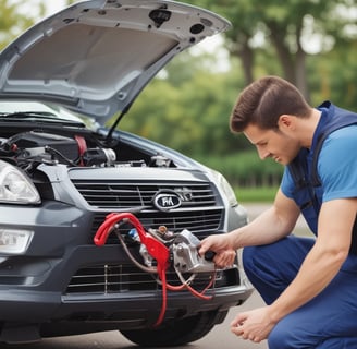 A person is placing a Newpowa solar charge controller on top of a portable power station inside a vehicle. There is a colorful patterned blanket beneath the power station and a stainless steel water bottle with stickers nearby. A red and gray backpack is in the background.