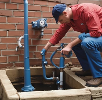 A person is drinking water from a faucet in an outdoor setting. The scene includes a stone structure with an inscription and a green water tank in the background, surrounded by trees and greenery.