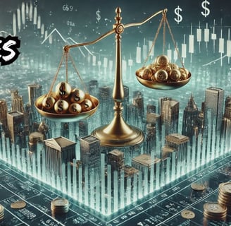 Balança dourada entre “Ações” com cifrões e “FIIs” com moedas, fundo urbano e gráficos financeiros