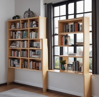 A partially assembled wooden cabinet with several open drawers and compartments, designed with a modern aesthetic. The cabinet features a sleek, dark wood finish combined with metallic elements, and is situated in a room with steps leading to another area.