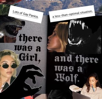 collage with women and snarling wolves. text reads There as a girl. And there was a wolf.