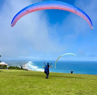 a person is parasailing over a grassy field