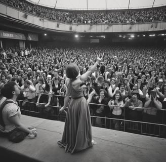 A photographer adjusts a large softbox while capturing a model posing in a vibrant, colorful dress. The setting is outdoors with a backdrop of greenery and a communication tower. The model appears to be mid-motion, showcasing the dress.