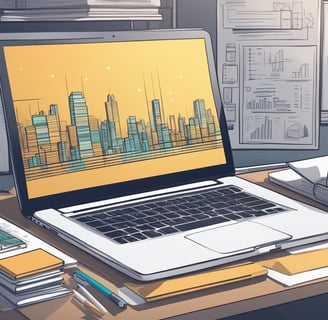 a laptop computer sitting on a desk with a cityscapeople