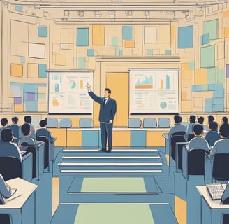 a man in a suit and tie is standing in front of a classroom