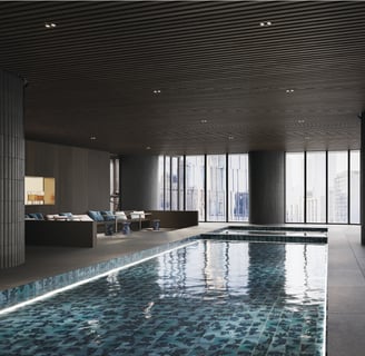 a pool with a view of a living room and a view of a living room
