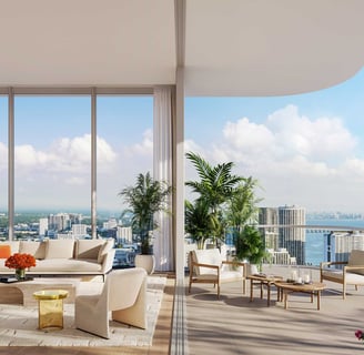 a living room with a view of the city